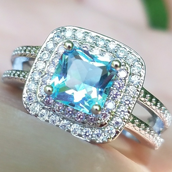 NEW Silver Blue Princess Cut Double Pink Halo Ring - Picture 3 of 5